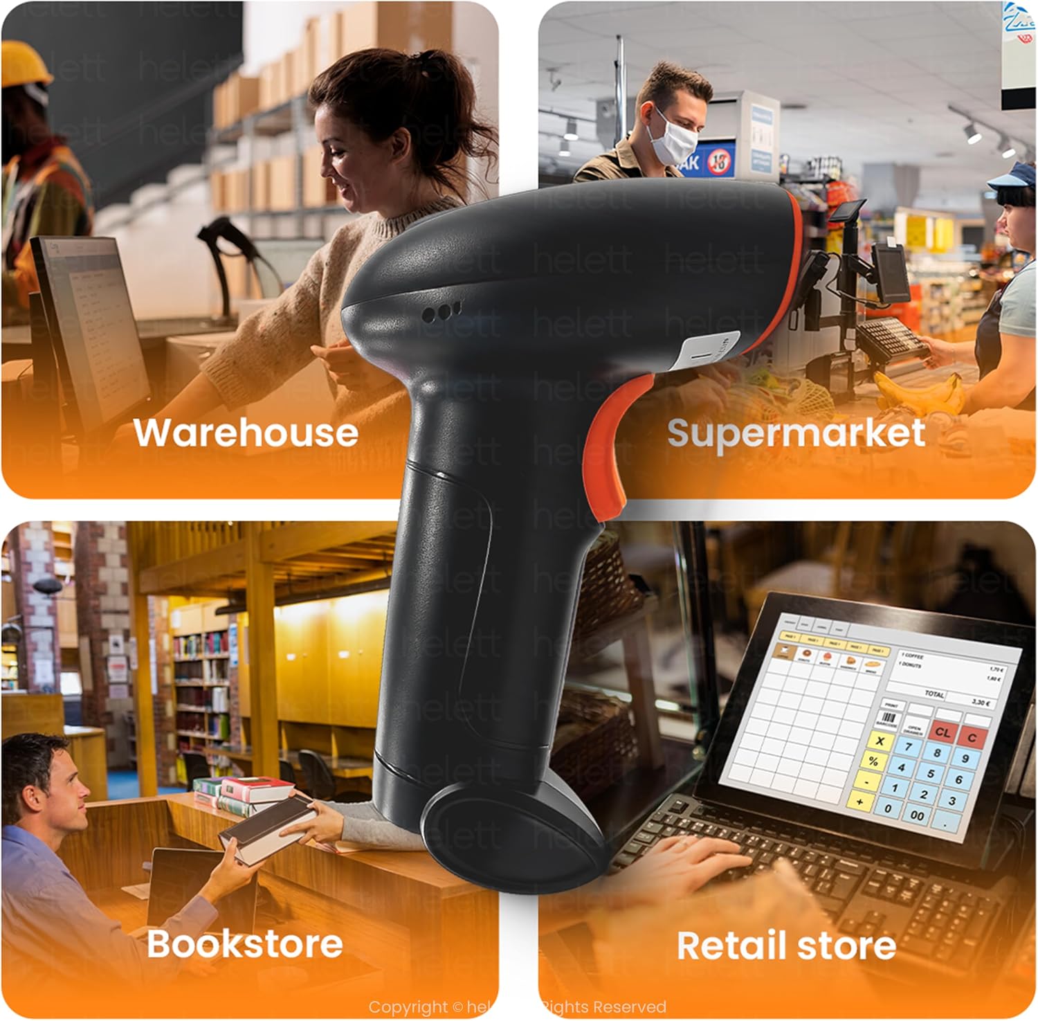 Helett® HT20 Wireless 2.4GHz 2D & 1D Barcode Scanner (QR Code & Barcode) Wired & Wireless(Rechargeable) Connectivity | Induction Scanning with Built-in Illumination Light |Strong ABS(Black)