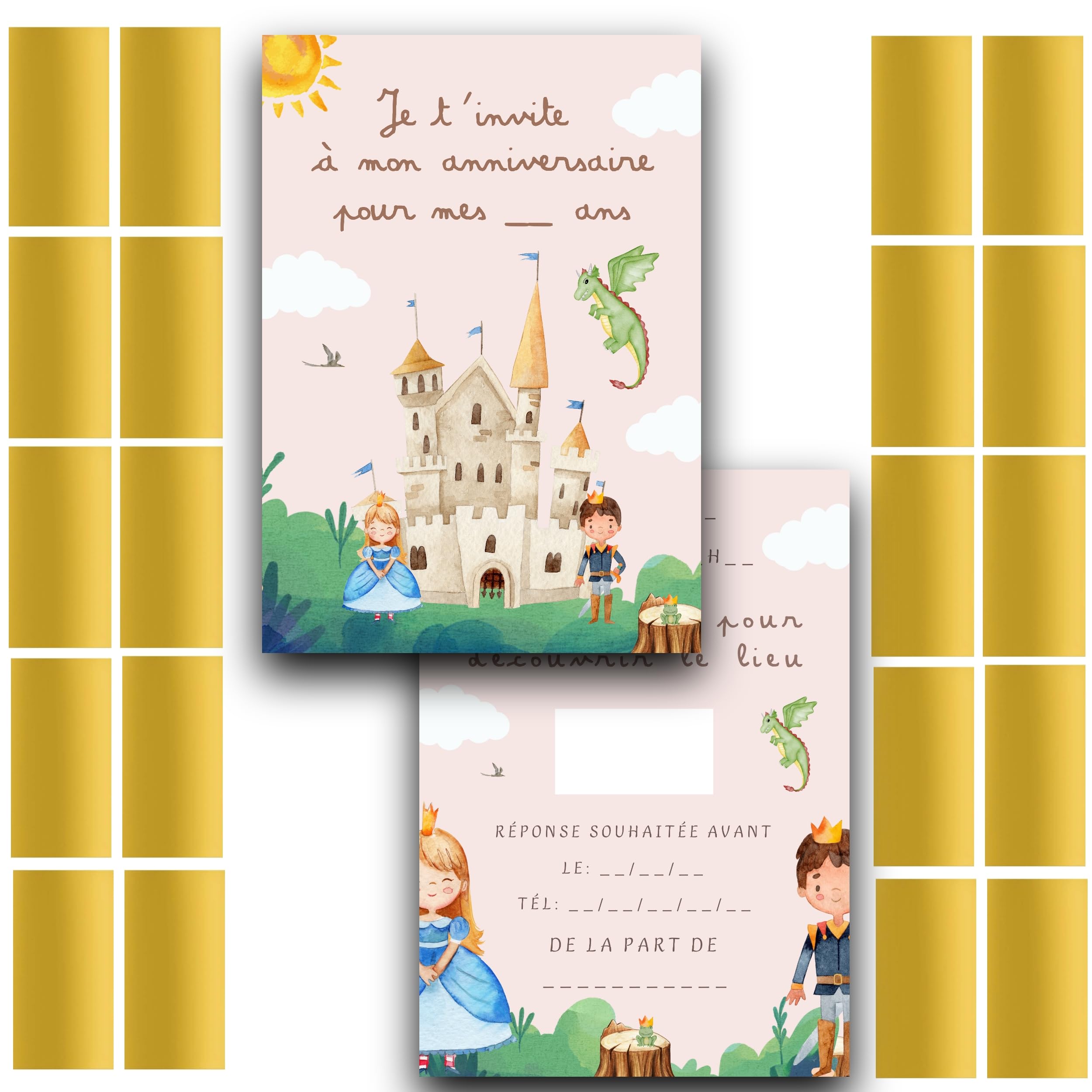 Cartes D'invitation Anniversaire à Gratter – Thème Prince Princesse | Kit Créatif 20 Cartes + Autocollants | Personnalisables | Fabriqué En France