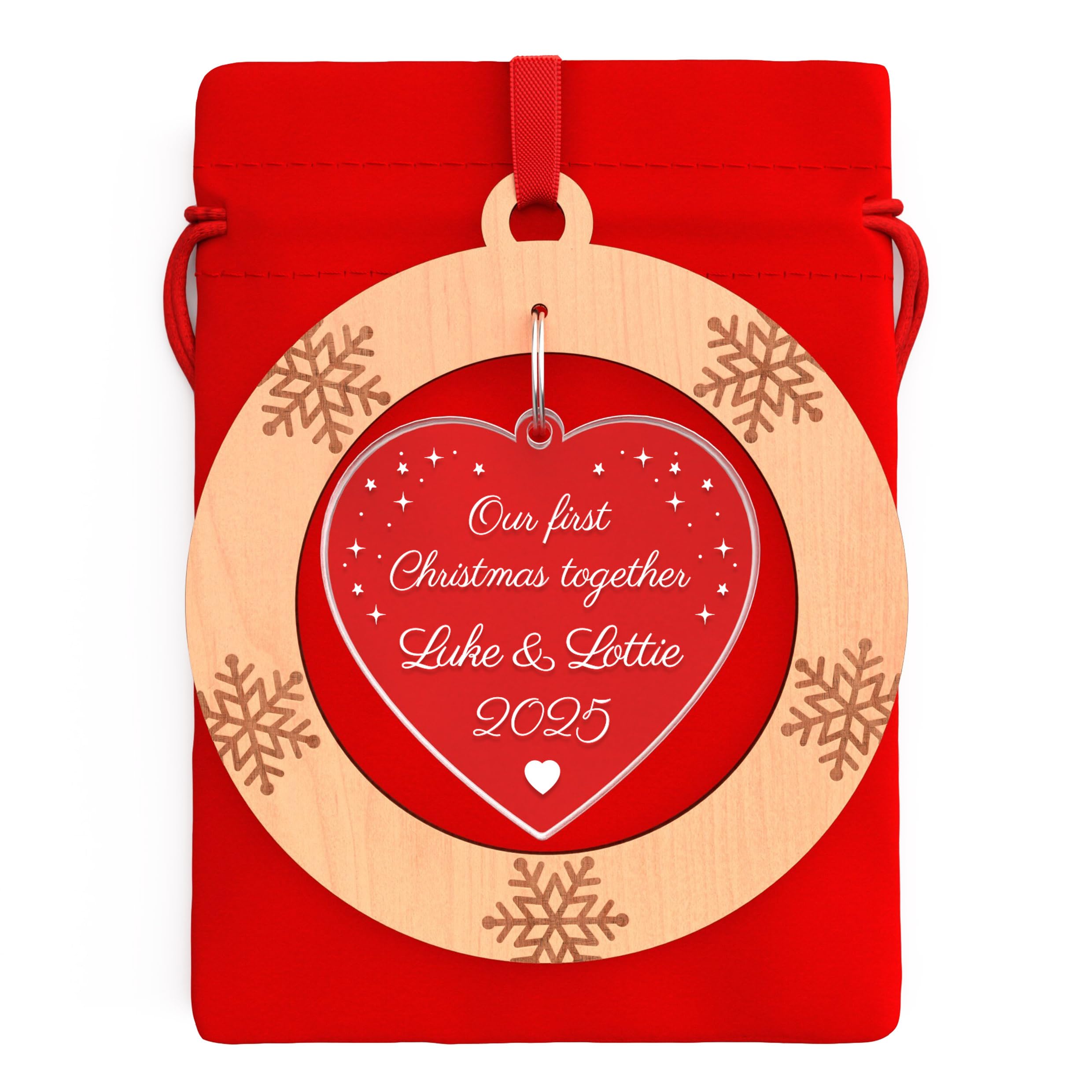 Couples First Christmas Together Bauble - Cherry Veneer and Acrylic Engraved Christmas Tree Ornament - Keepsake Presents (Personalised)