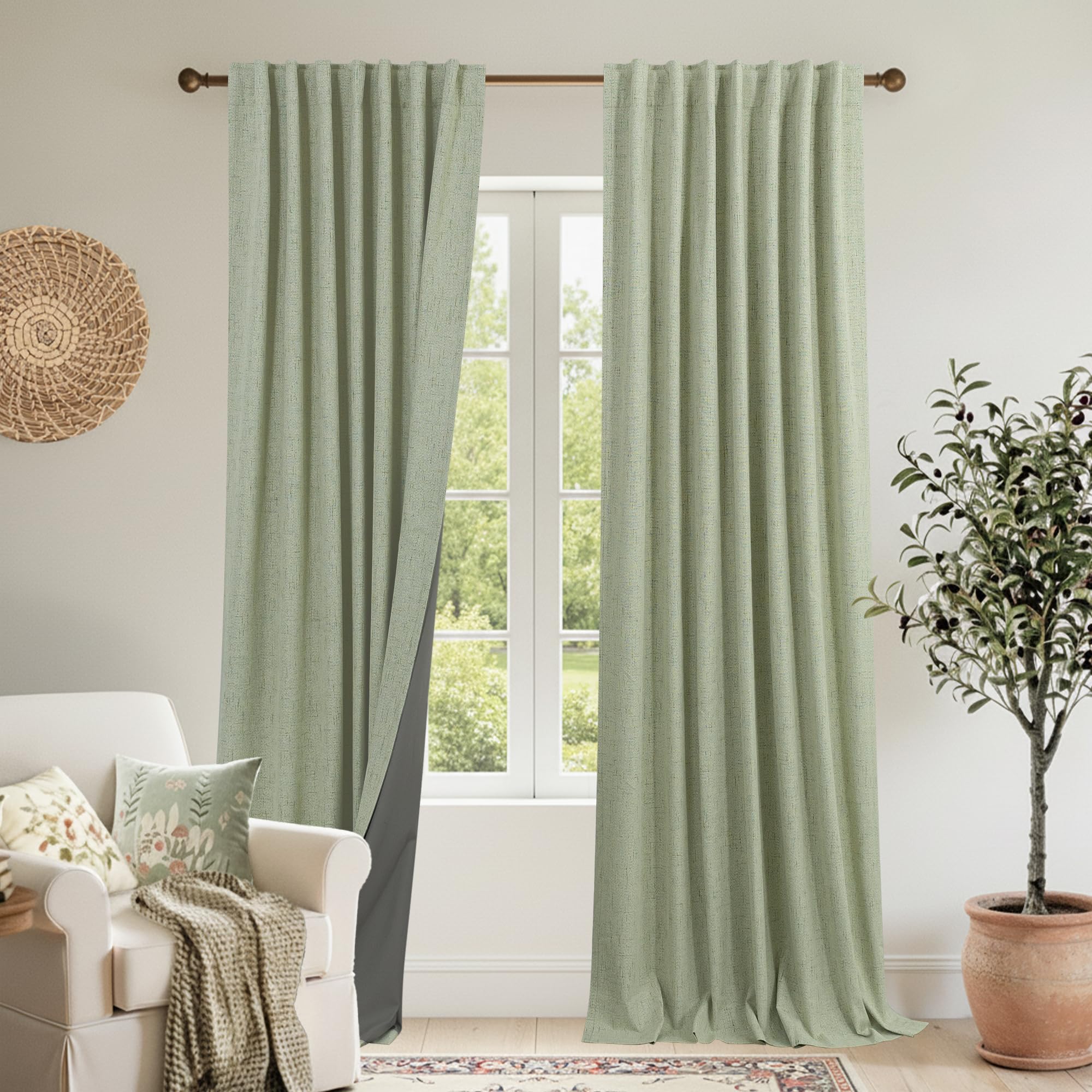 Photo 1 of KOUFALL Sage Green Blackout 90 Inch Length for Bedroom, Linen Black Out Curtains Pleated Thermal Darkening Light Blocking Boho Farmhouse Cottage Core Soundproof Curtains for Office Window Living Room