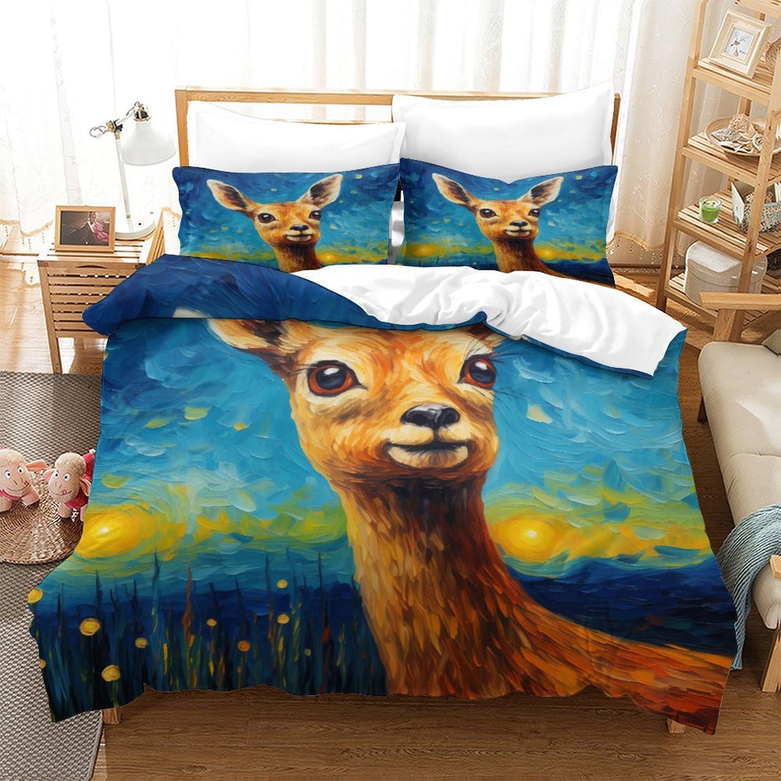 P1S9U7W5Y Artistic 3D Printed Deer Duvet Cover Set 3 Pieces Microfiber Bedding Set Breathable Soft for Adult Bedroom Home Decor Double（200x200cm）