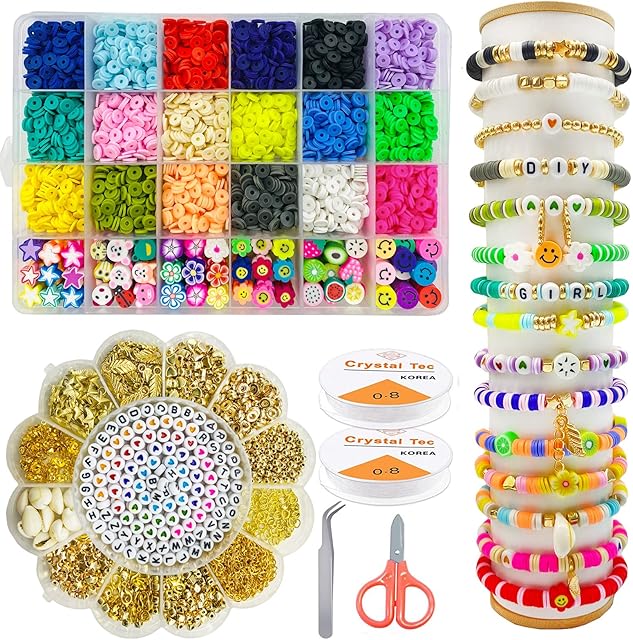 kinearcharms 5200pcs Clay Beads Kit,Flat Round Clay Spacer Beads,Fruit Handmade Polymer Clay Beads,5 Sets A-Z Letter Beads 12 Various Beads Charms kit for DIY Bracelet Jewelry Making kit