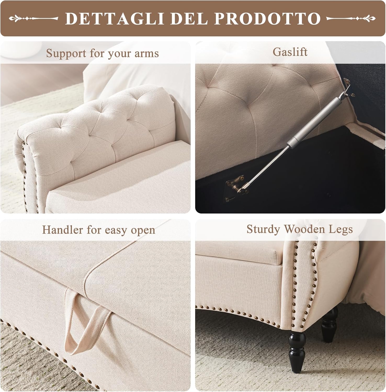 51 Inch Storage Bench for Living Room, Upholstered End of Bed Bench with Button-Tufted Large Bedroom Bench Storage Ottoman Indoor Bench Window Bench for Living Room, Entryway, Linen, Beige