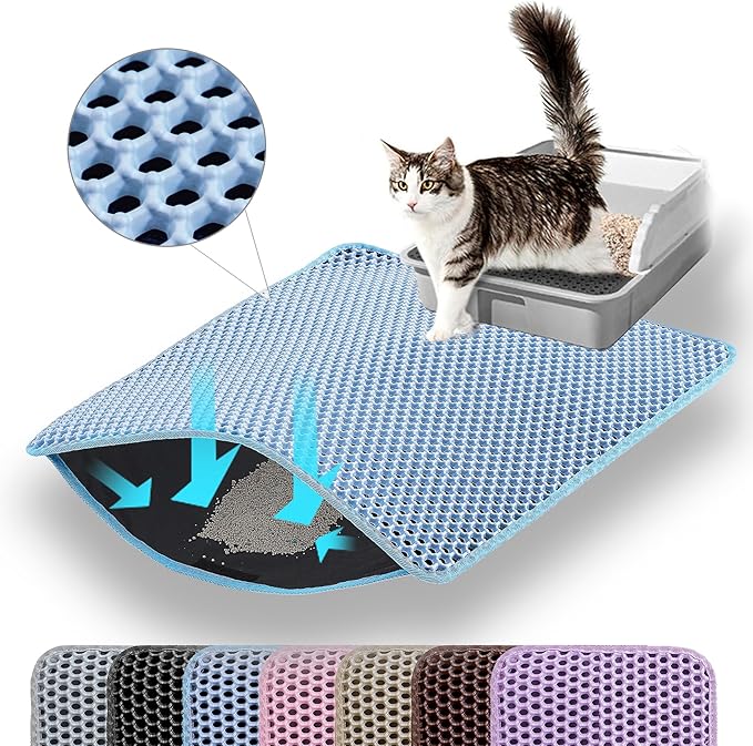 Cat Litter Mat, 24x18 Inches Large Double Layer Honeycomb Cat Litter Trapping Mat, Non Slip Waterproof Urine Proof Cat Litter Box Mat for Floor, Kitty Litter Rug, Cat Supplies, Black