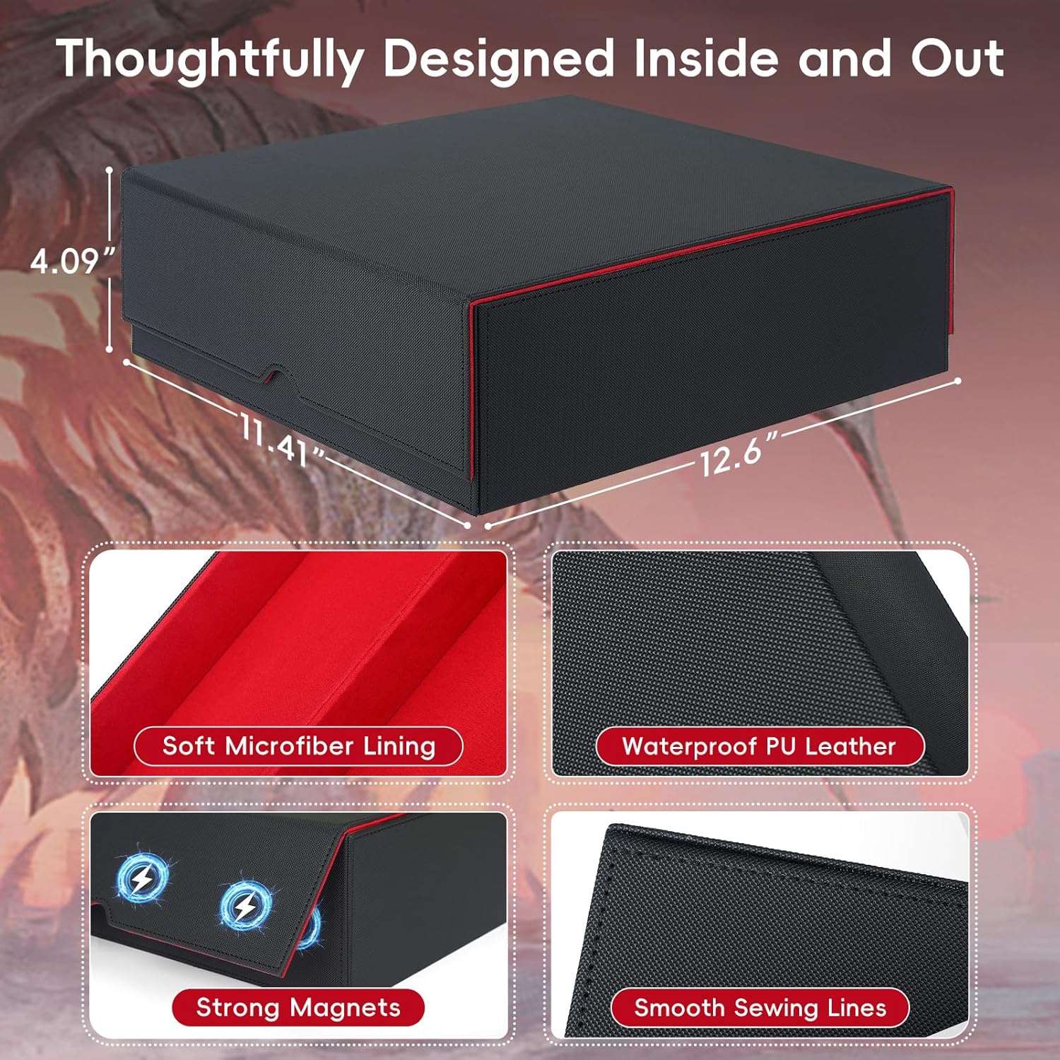 Trading Card Storage Box – Holds 3000+ Cards, PU Leather Commander Deck Box with Magnetic Closure, 24 Dividers & 4 Card Supports, 4-Row Organizer for MTG, PTG, Sports Cards