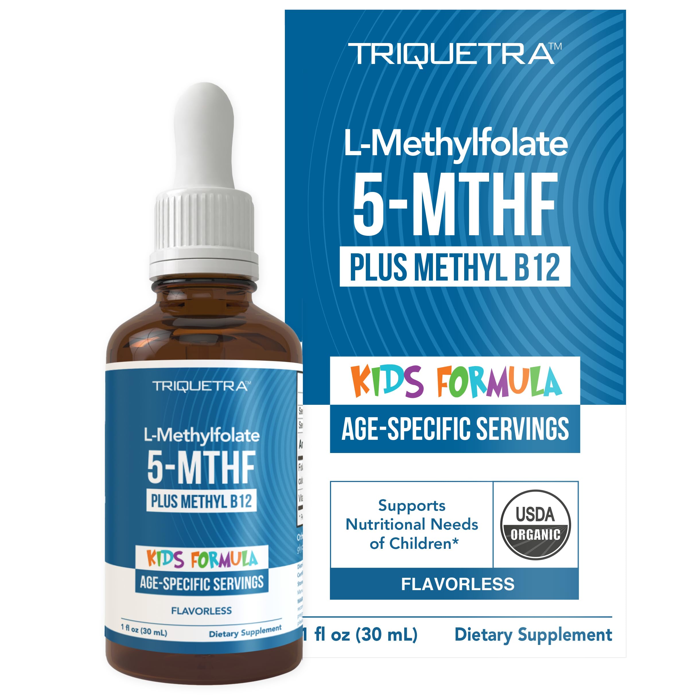 Triquetra Health Suplemento infantil líquido de L-metilfolato com metilcobalamina (vitamina B12), sem sabor, 30 mL