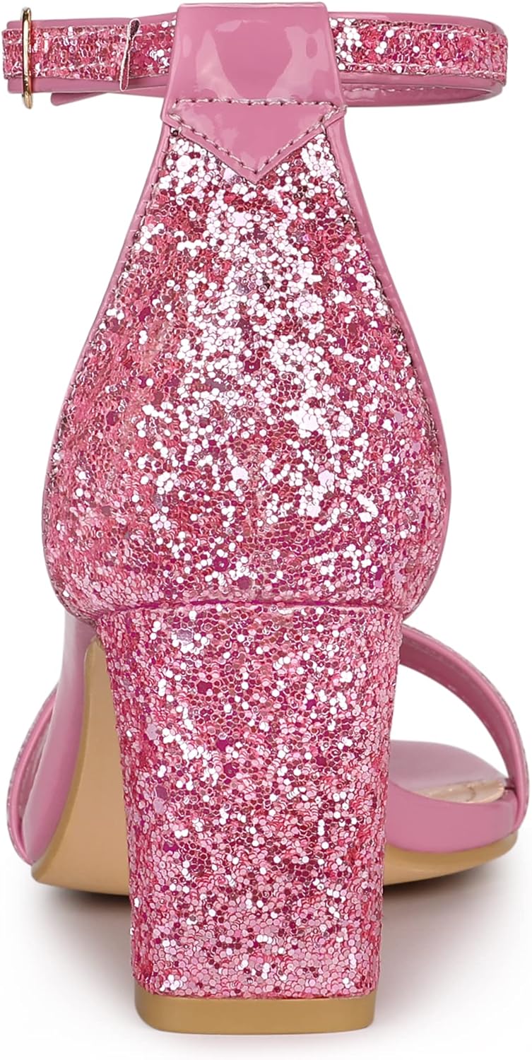 Allegra K Women's Glitter Ankle Strap Chunky Heeled Sandals