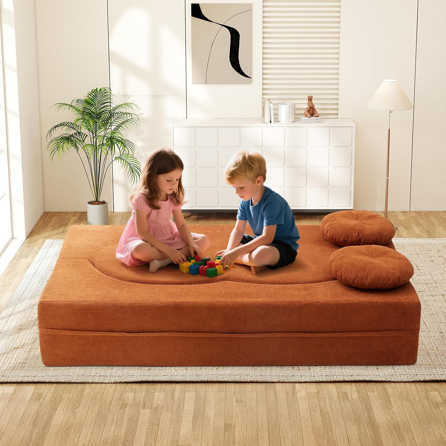 Folding Futon Sofa Bed, Modern Convertible Fold Out Chenille Cloud Memory Foam Boneless Floor Lounge Loveseat Sleeper Mattress Sofa Couch with 2 Pillows for Guest Room Living Room Office, Orange