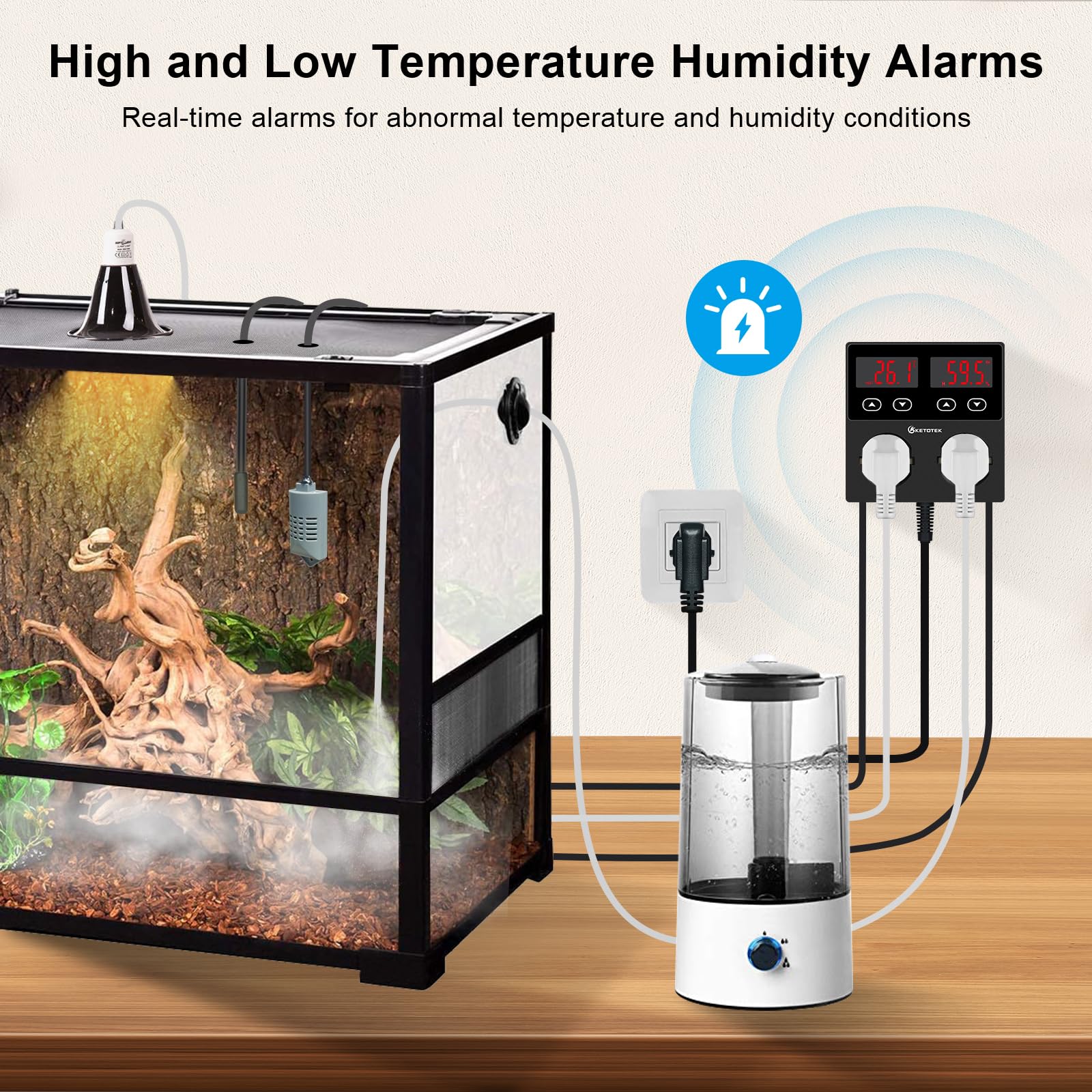 KETOTEK Enchufe con Higrostato Termostato con Sonda, Controlador de Humedad y Temperatura Regulador Digital 220V con Alarma para Terrario Reptil Invernadero Incubadora Humidificador Deshumidificador