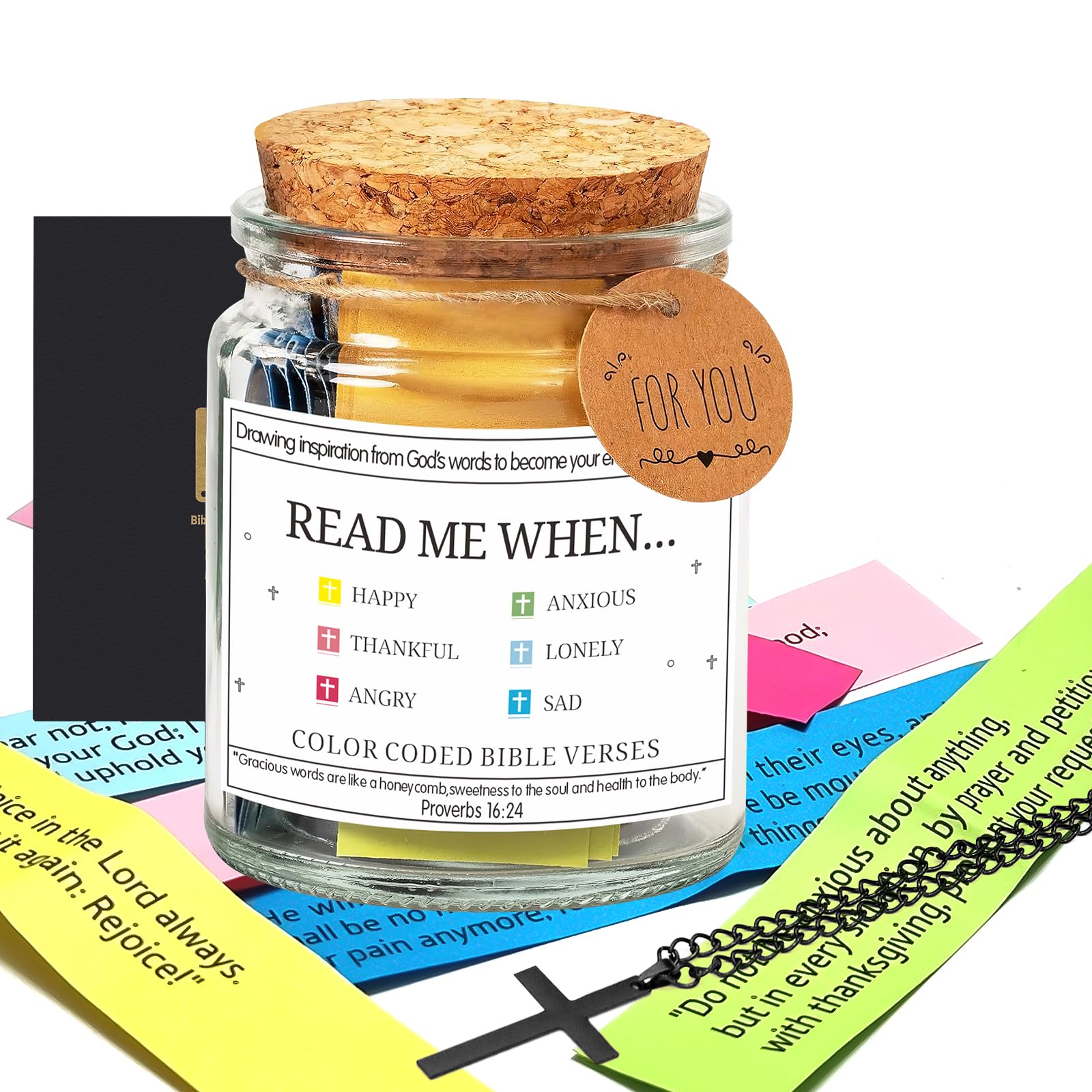 Bible Verse Jar,Read Me When Bible Verses Jar for Emotions and Feelings,Christian Gifts for Women,Mothers Day Gifts,Birthday & Graduation Gift for Teenagers(Comes with Black Cross)