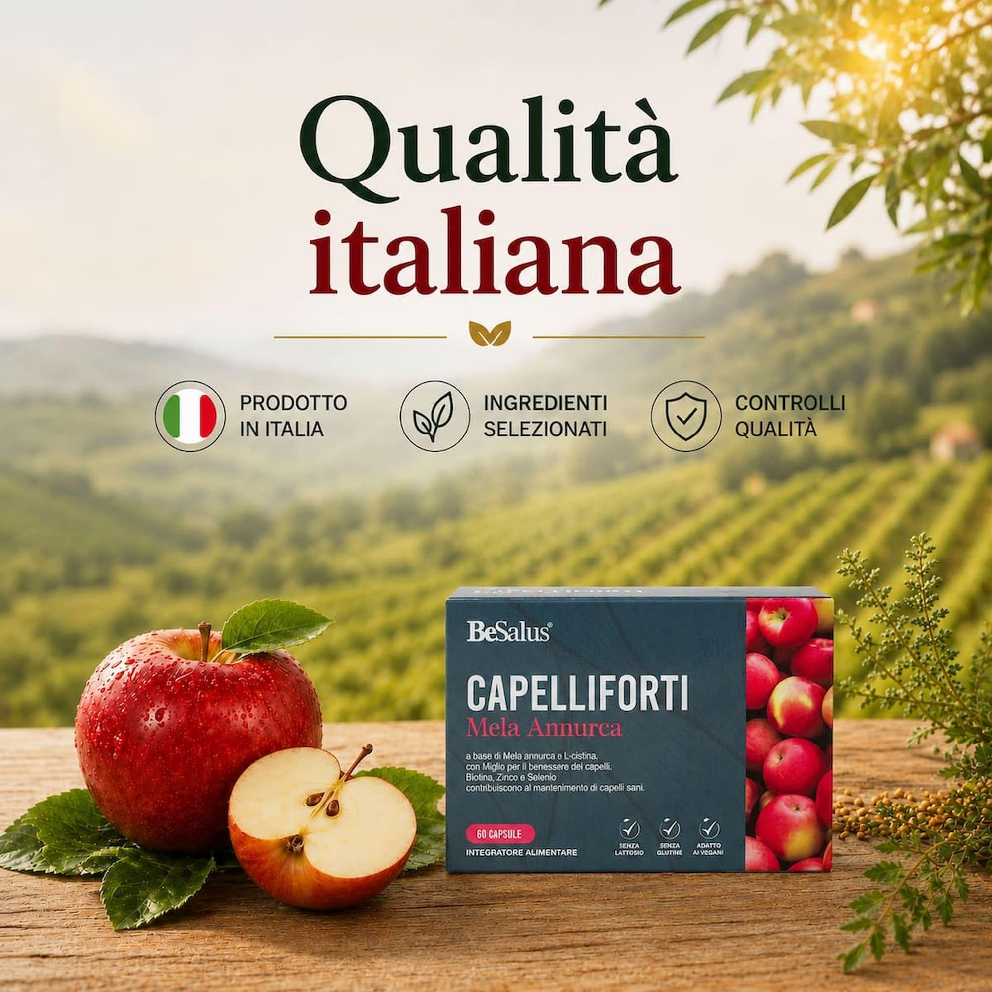 Mela Annurca 60 capsule x 2 – 120 capsule totali – Integratore capelli e unghie – Con Miglio, Biotina, Zinco e attivi selezionati – Supporto al Rinforzo