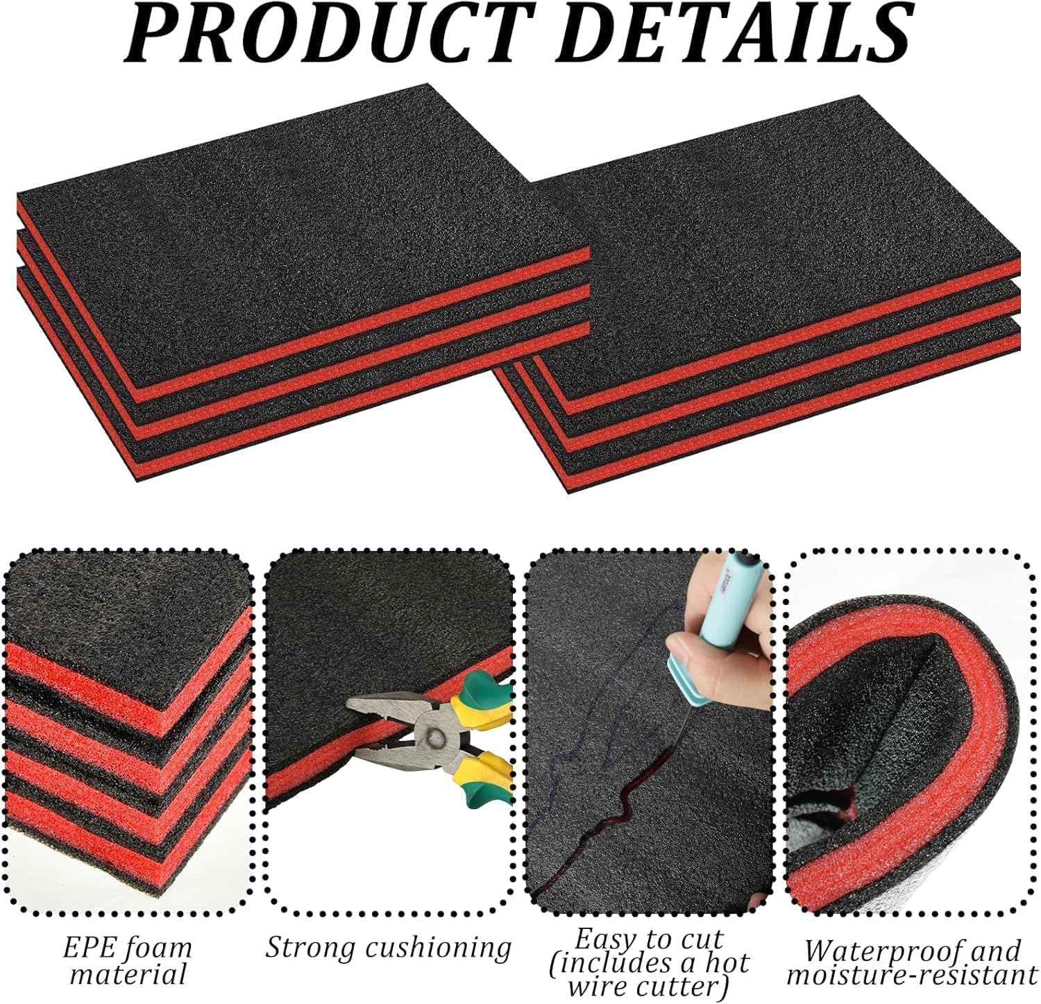 6 Pack Tool Box Foam Inserts for Cases,Tool Box Liner Polyethylene Sheets, Toolbox Kaizen Organizer and Storage Shadow 18 x 12 x 1 Inch,Red & Black (6 Foam + 1 Cutter Tool)