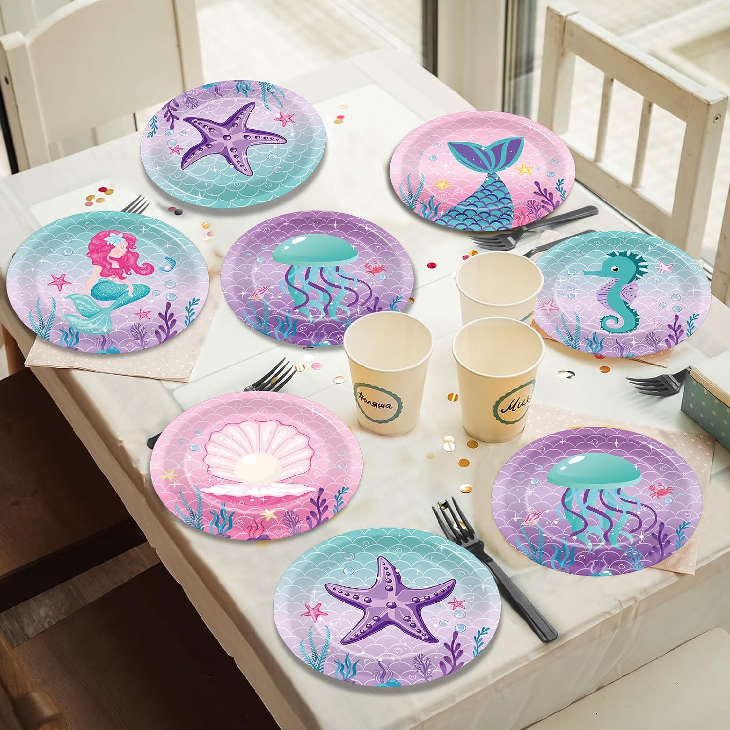 60Pcs Mermaid Birthday Party Decorations Mermaid 7 Inch Dessert Plates Tableware Under The Sea Dinner Paper Plates Princess Sea Shell Dinnerware for Kids Girls Party Baby Shower Ocean Theme Favors