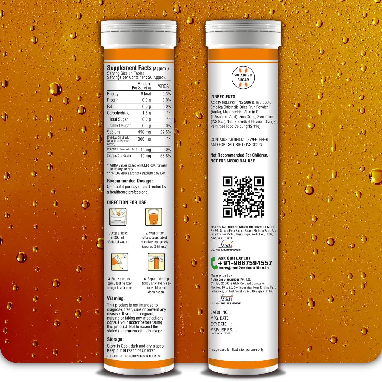 End2End Nutrition Natural Vitamin C - Amla Extract + Zinc for Immunity | Helps to Boost Collagen for Healthy Skin, Hair & Nails | Orange Flavour - 120 Effervescent Tablets — Amazon image 9