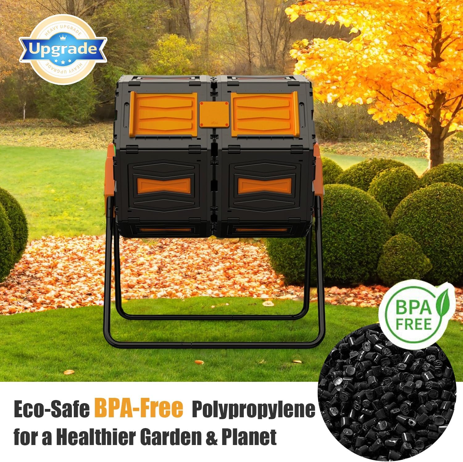 Compost Tumbler, 45-Gal Dual Chamber Compost Bins, BPA-Free Tumbling Composting Bins with 2 Sliding Doors and Metal Frame,Easy Assembly Large Composter Tumbler Outdoor Compost Bin Kitchen