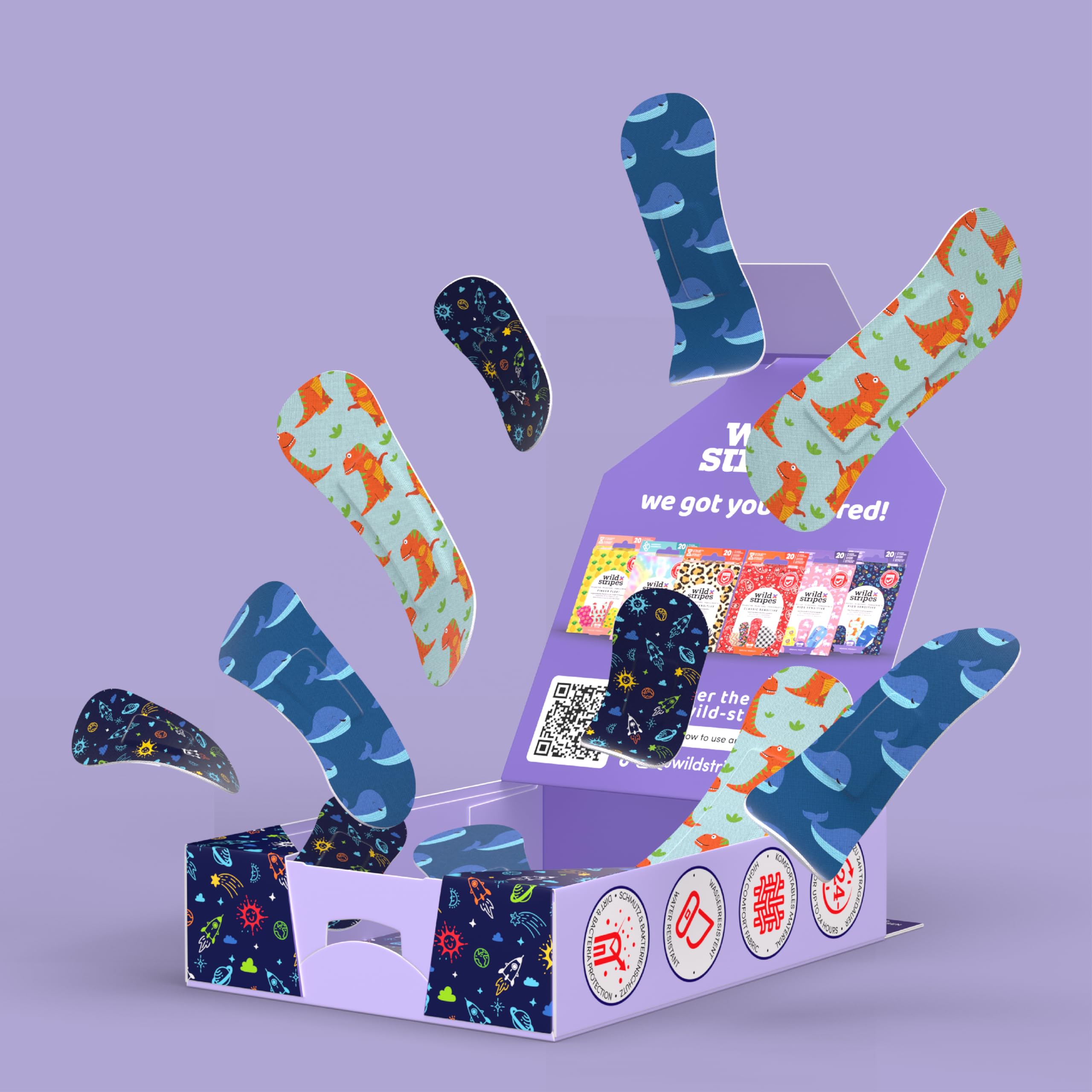 Wild Stripes Tiritas para niños I Tiritas para dedos I Kids Space I Tiritas niños suaves para la piel I Apósitos resistentes al agua I Protección para heridas 24 horas I Diseños espaciales I 20 piezas