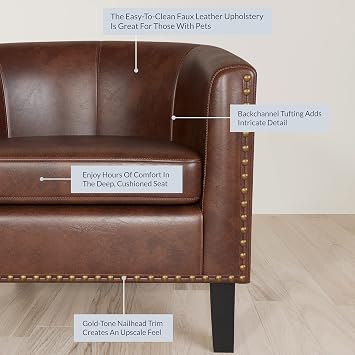 BELLEZE Accent Barrel Chair, Modern Faux Leather Tub Club Chair Upholstered Armchair with Gold Nail Head Trim and Black Legs for Living Room Bedroom Apartment Lounge - Brown