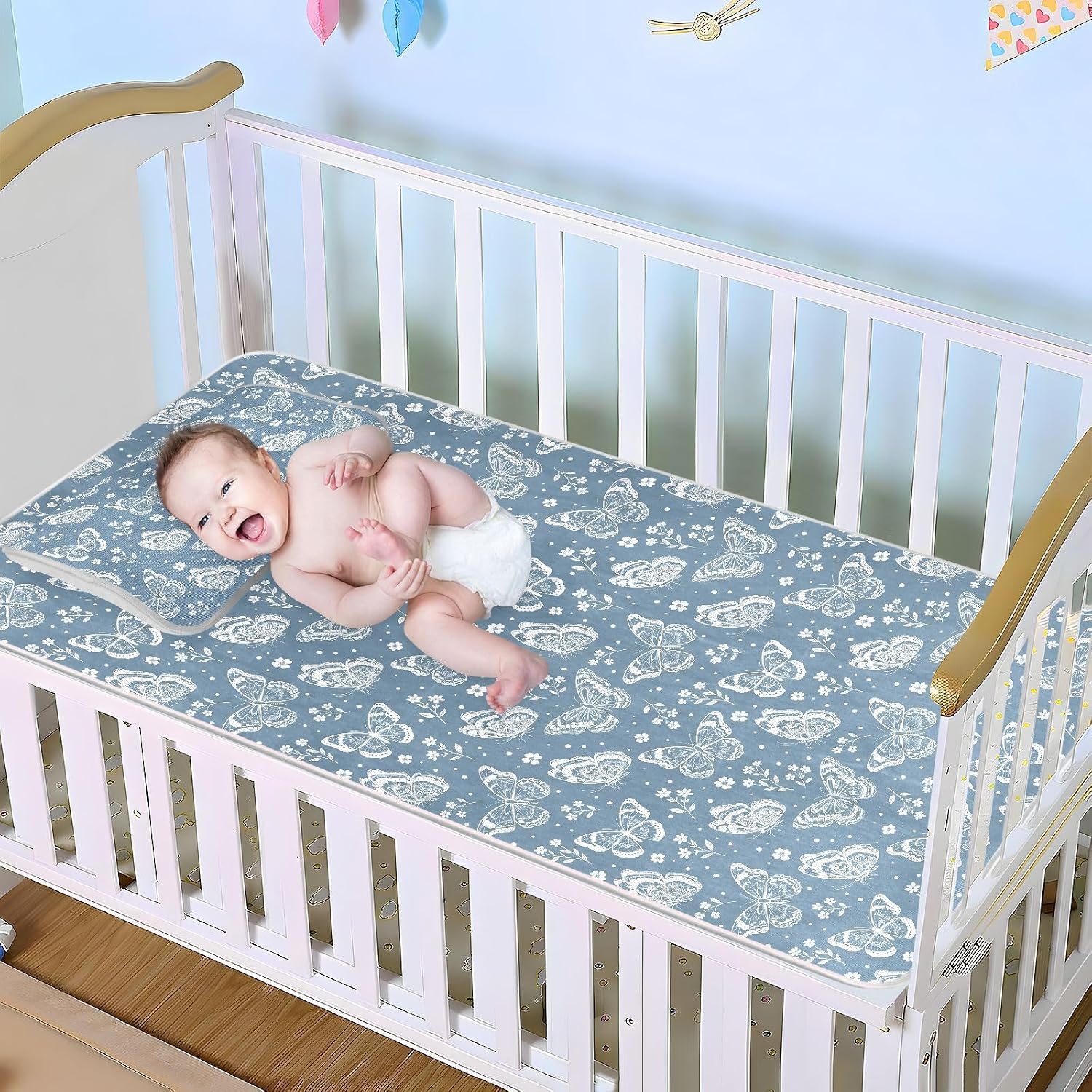 Baby Cooling Mat Butterfly Pattern Ice Silk Breathable Mesh Summer Crib Mattress Pad with Pillowcase, Soft Cooling Sleeping Surface for Infant & Toddler, 52"x28"