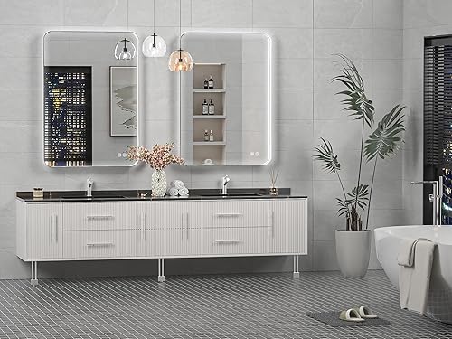 Miniatura 6 de Vosuja Espejo de baño LED de 16 x 24 pulgadas con luces, marco plateado rectangular redondeado con diseño de tira de luz incrustada, 3 colores y