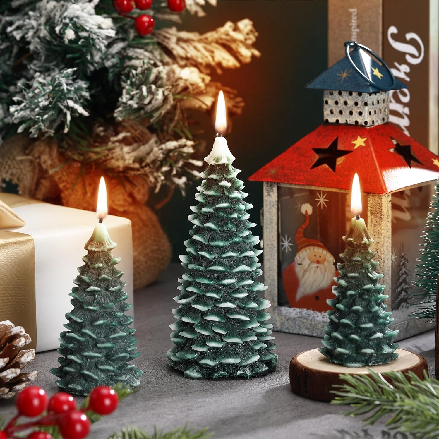 MTLEE 3 Pcs Christmas Tree Candles Gradient Pine Shaped Wax,Mixed Sizes