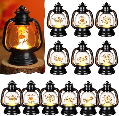 Ferraycle 12 mini faroles decorativos de otoño de 4 pulgadas, adornos colgantes de Acción de Gracias, pequeña linterna de calabaza de otoño a granel