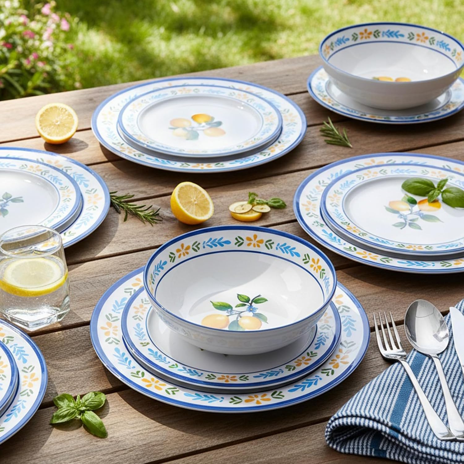 12-Piece Melamine Dinnerware Set - Unbreakable Lemon Dish Set， Indoor and Outdoor Plates and Bowls Sets for Housewarming, Birthday & Holiday Gifts， Service for 4 （Lemon）