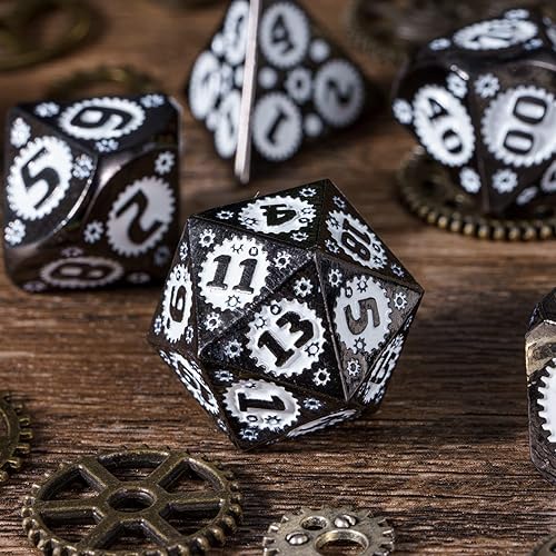 Miniatura 3 de Juego de dados de metal, 7 dados poliédricos DND con diseño de engranaje para juegos de rol de Calabozos y Dragones y otros juegos de mesa (negro y