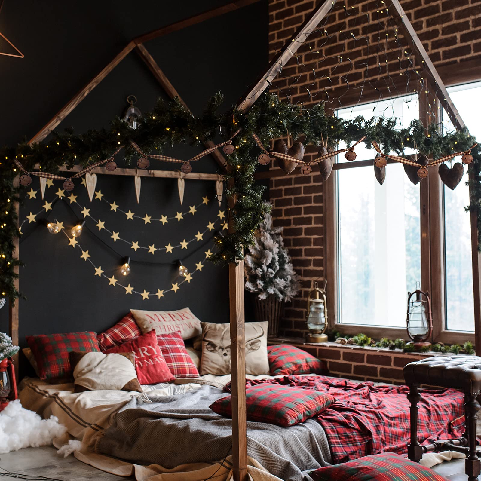 6 Meter Weihnachts-Girlande mit rostigen Schlittenglocken, primitives Metall, rostige Glöckchen und Gingham-Band, hängende Girlande für Bauernhaus, Vintage, Winter, Urlaubsdekoration