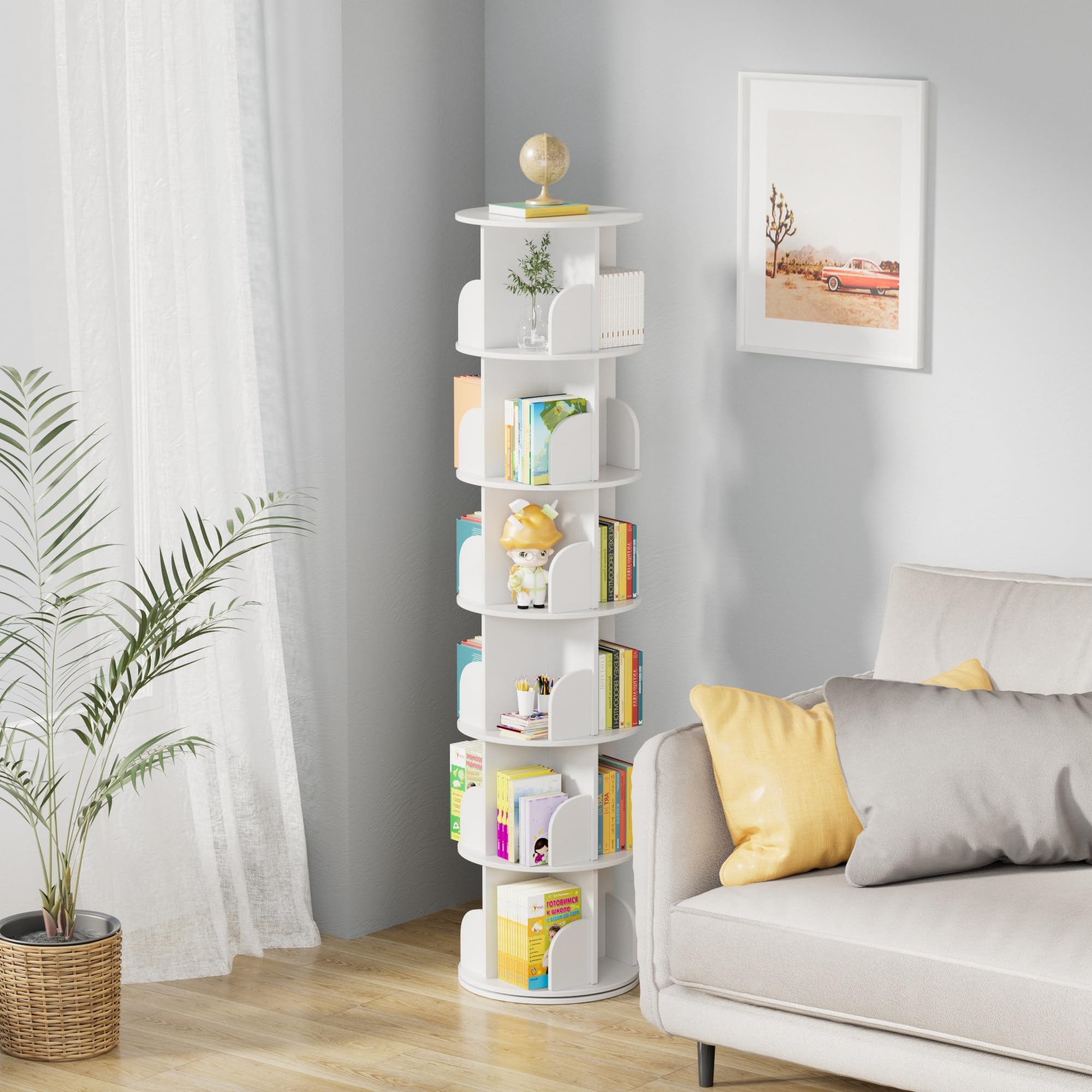 tonchean Estantería giratoria de 6 niveles, 360°, Estantería de Almacenaje, multifuncional, estantería rotating blanca para dormitorio, habitación infantil, salón
