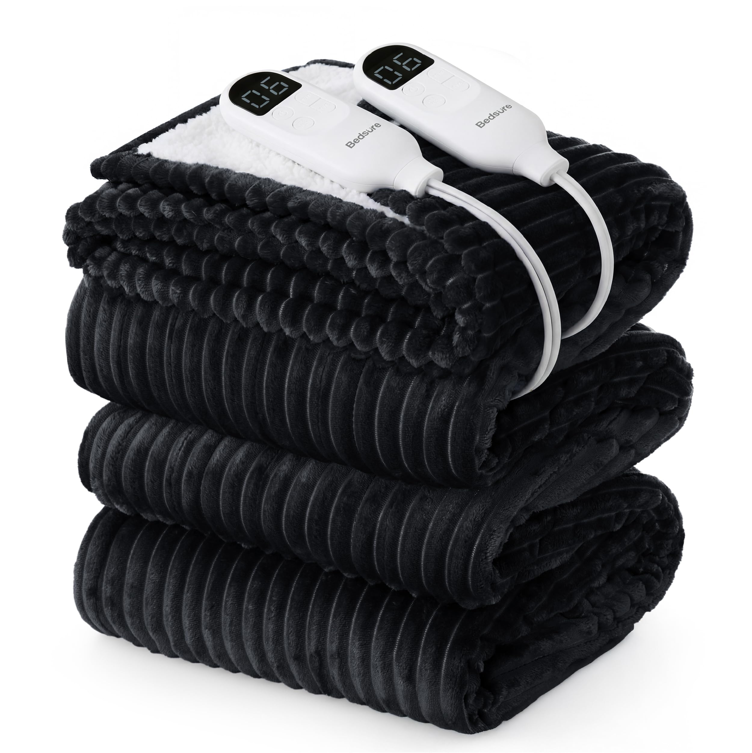 Bedsure Ribbed Electric Blanket Queen, Black Heated Blanket, Preheat