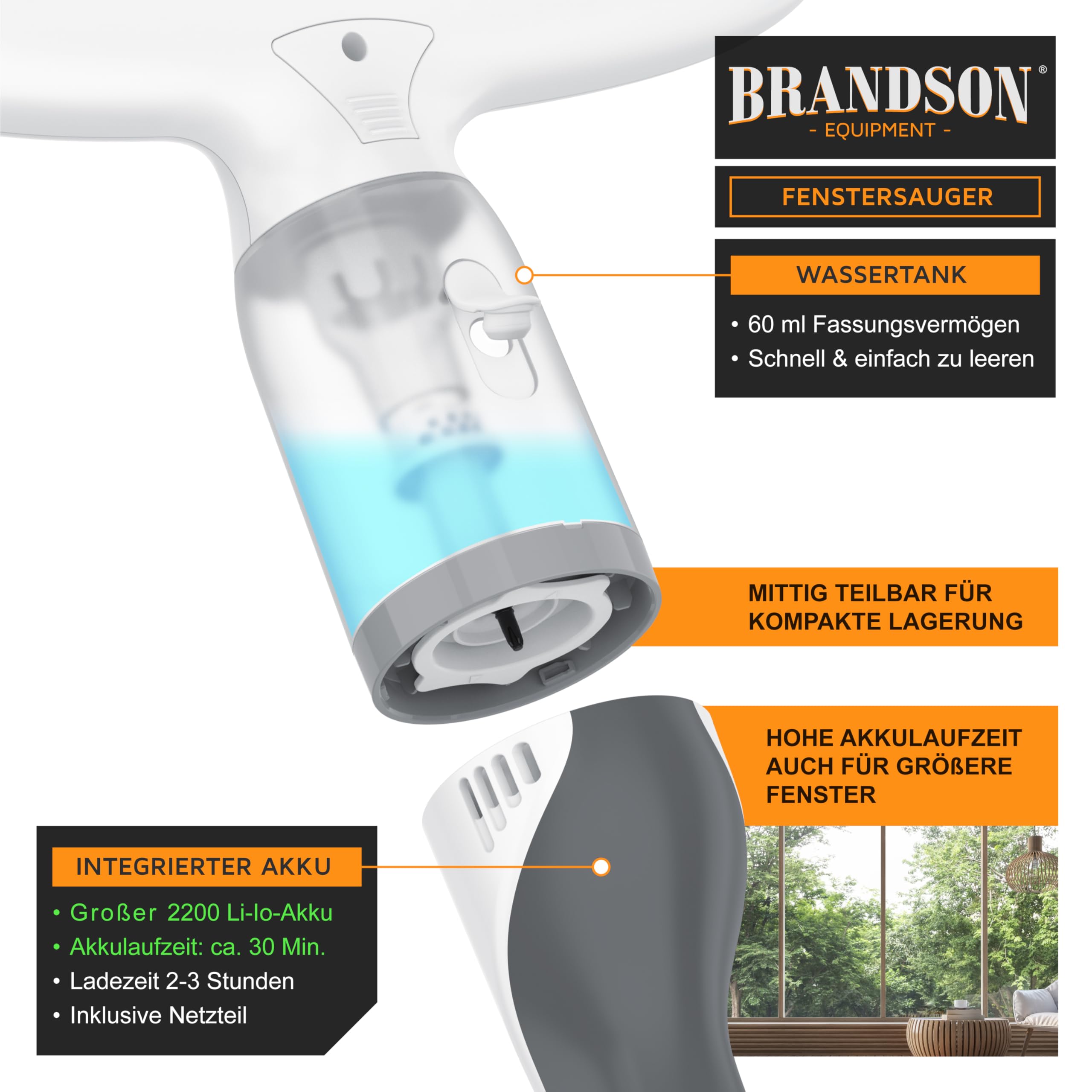 Brandson - Akku Fenstersauger kabellos – Fensterreiniger elektrisch 2200 mAh Li-Io-Akku – Laufzeit ca. 30 min. – 28 cm Saugdüse – 60 ml Wassertank – inkl. Sprühflasche