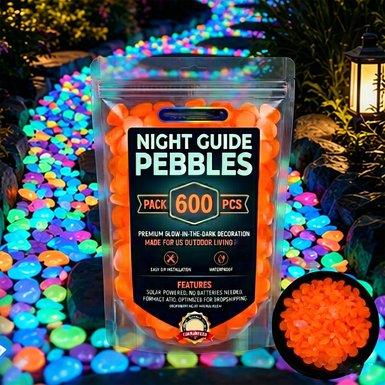 Colorful Glow-in-the-Dark Garden Stones, Night Guide Pebbles Glow, Rainbow Luminous Stepping Stones for Outdoor Walkway & Landscaping, Glowing Fish Tank Decorations, Vase Glow-Rocks (Orange,600)