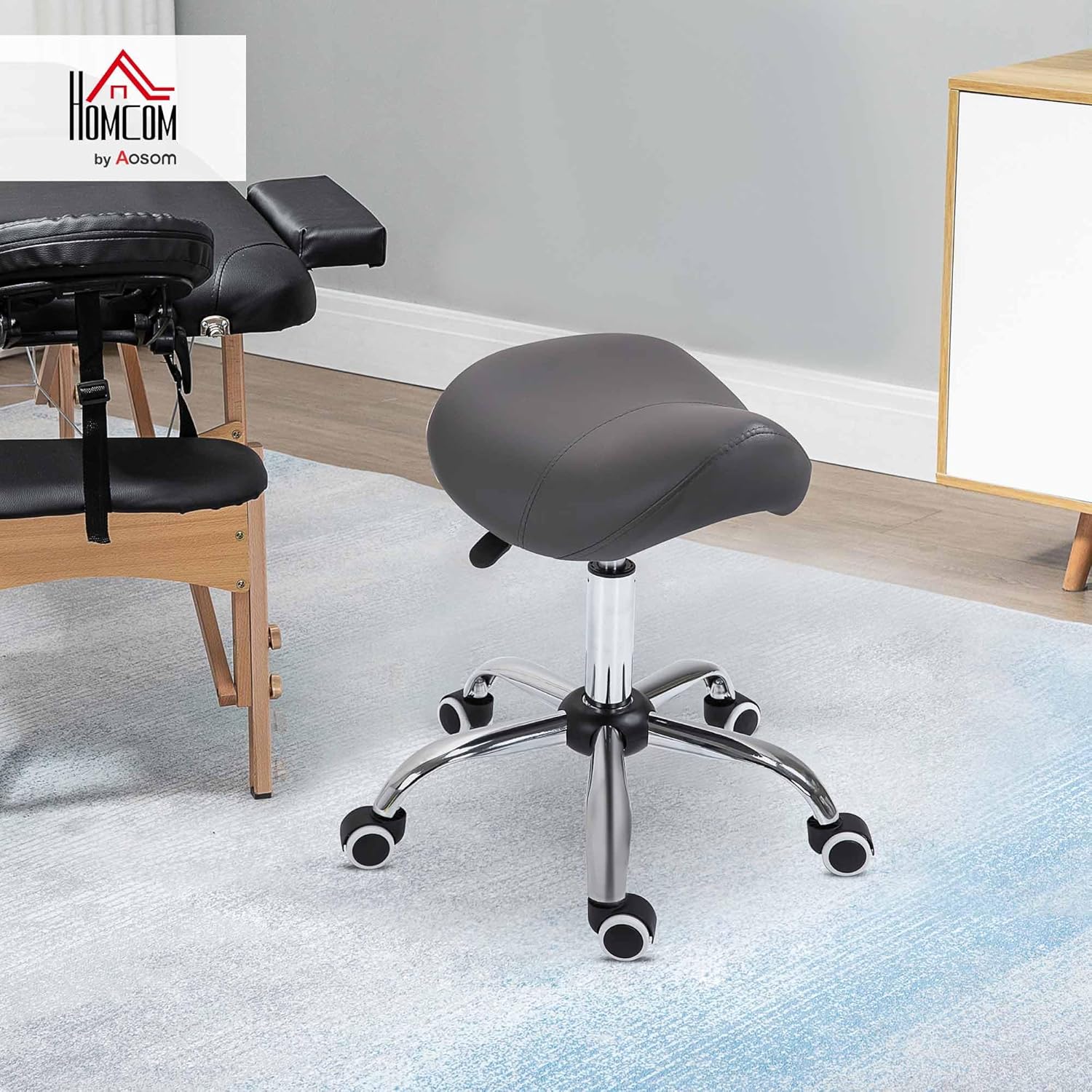 HOMCOM Ergonomic Rolling Saddle Stool PU Leather Hydraulic Spa Stool Height Adjustable Swivel Drafting Medical Salon Chair, Grey