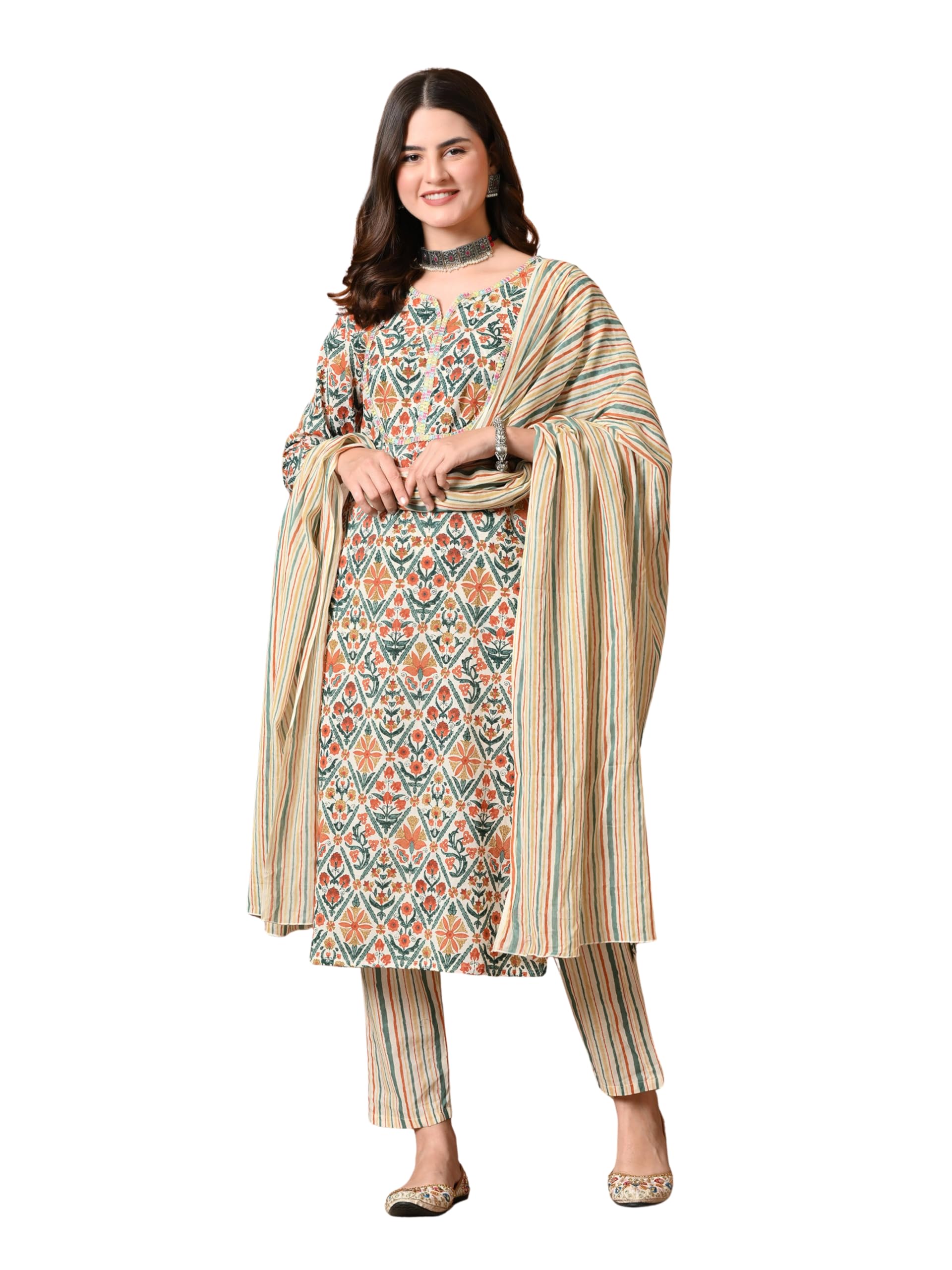 amazon brand - tavasya Womens Floral Printed Regular Pure Cotton Kurta with Trousers & Dupatta | Kurta Set | Salwar Suit | Ethnic Wear-picture-15