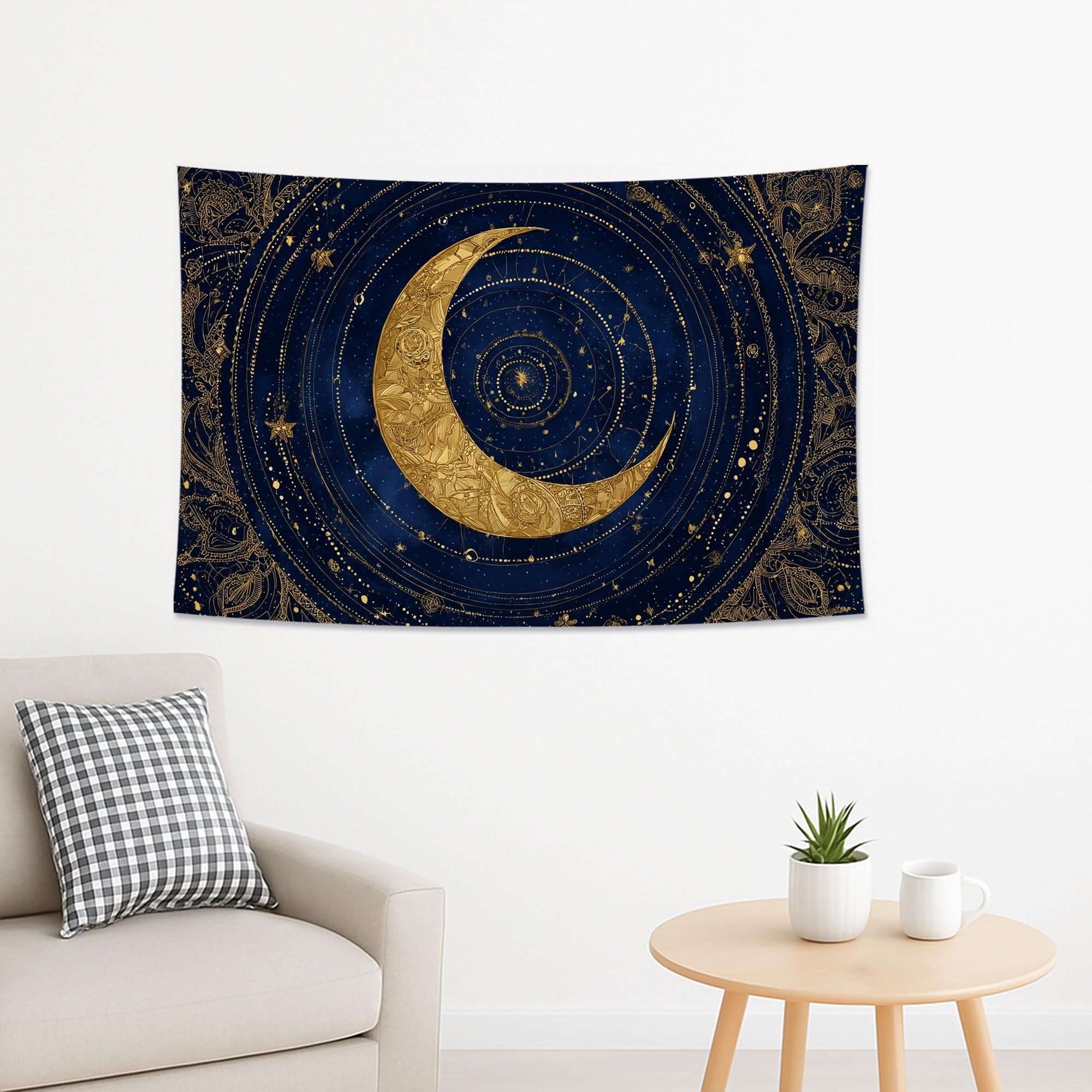 Moon and Stars Tapestry, Deep Blue and Gold Celestial Decorative Wall Hanging, Bohemian Aesthetic for Bedroom, Living Room, Dorm, Cozy Home Décor