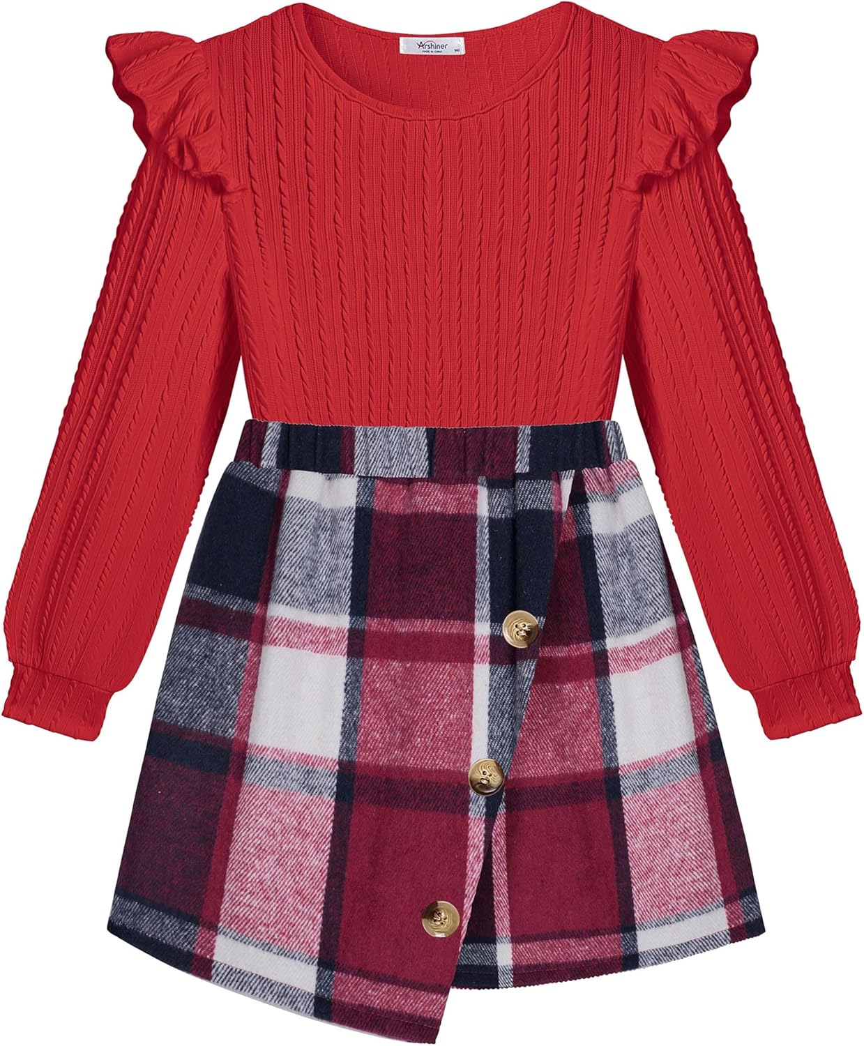 Arshiner Girls Skirt Sets Ruffle Sleeve Top and Plaid Mini Skirt 2 Piece Fall Winter Outfits for Kids