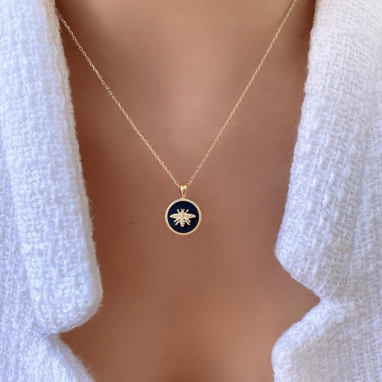 Bee Pendant Coin Charm Necklace Black White Disc Medal Circle Pendant Bee Necklace 18K Gold Dipped