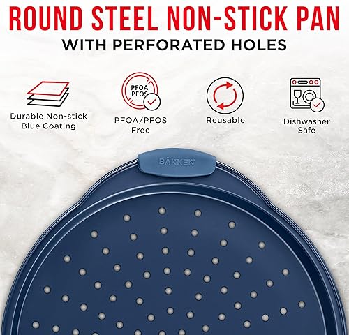 Miniatura 6 de Bakken - Molde para hornear pizza, redonda perforada de acero al carbono con revestimiento de mármol antiadherente, mango de silicona de gran