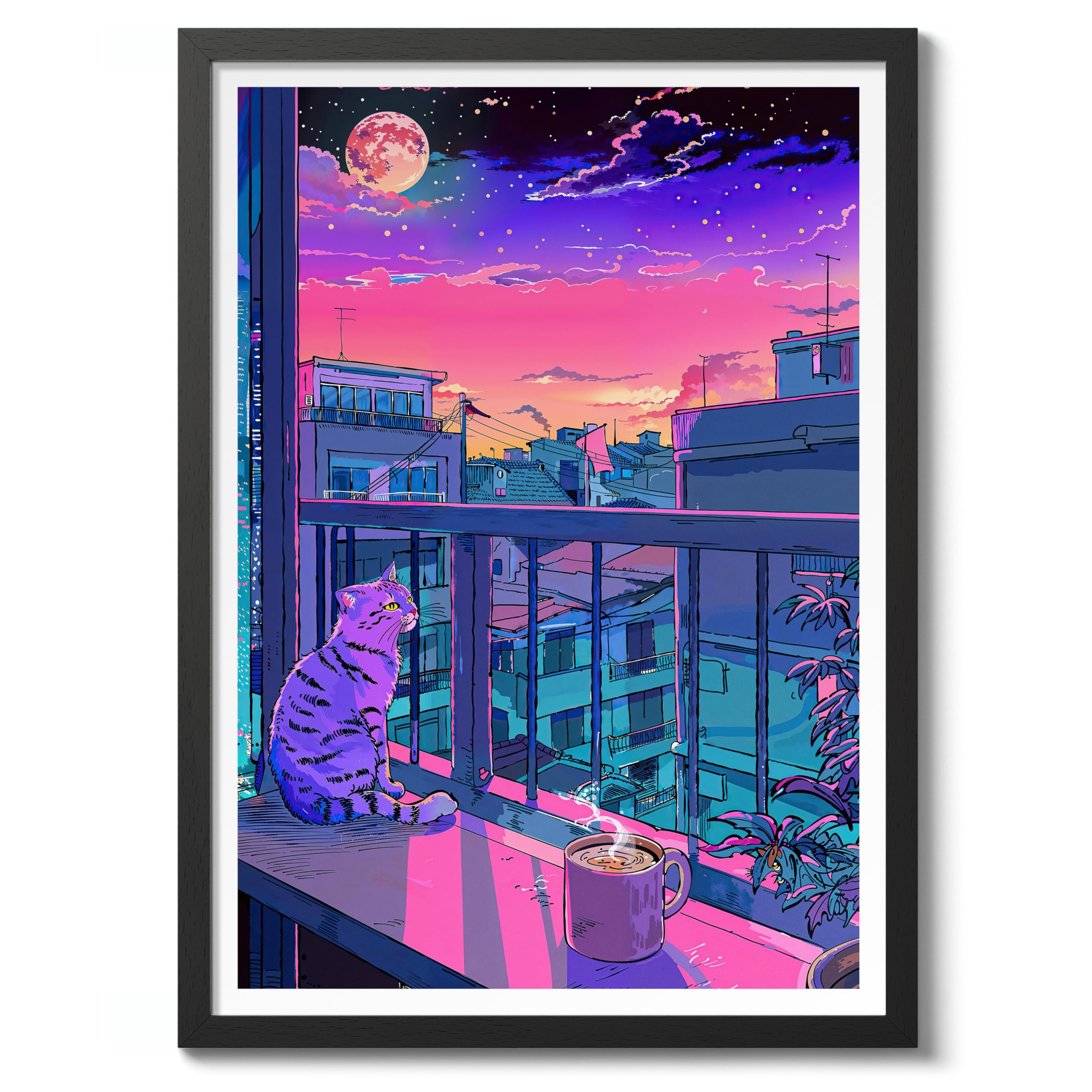 Lo-Fi Cat On The Balcony Anime Woodblock Poster Modern Ukiyo-E, Cartoon Print, Japanese Illustration Wall Art Bedroom Home Decor, A1 (Black Frame) - 86.9x62.4cm