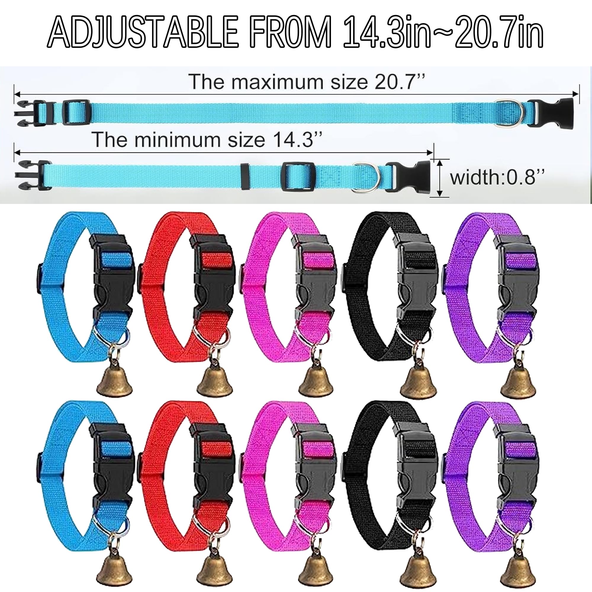 Lot de 10 colliers de chèvre réglables en nylon avec cloche