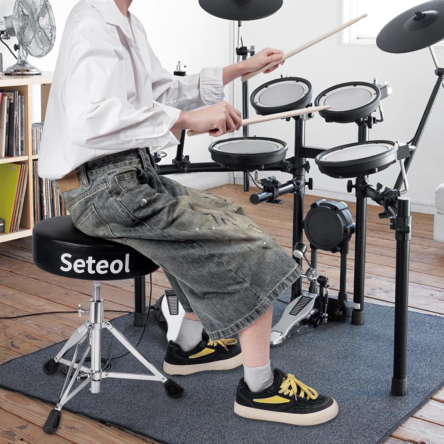 Drum Throne with 2 Pairs 5A Drumsticks & Drum Key, Drum Stool Adjustable Height with Thick Padded Round Drum Seat for Adult Drummers