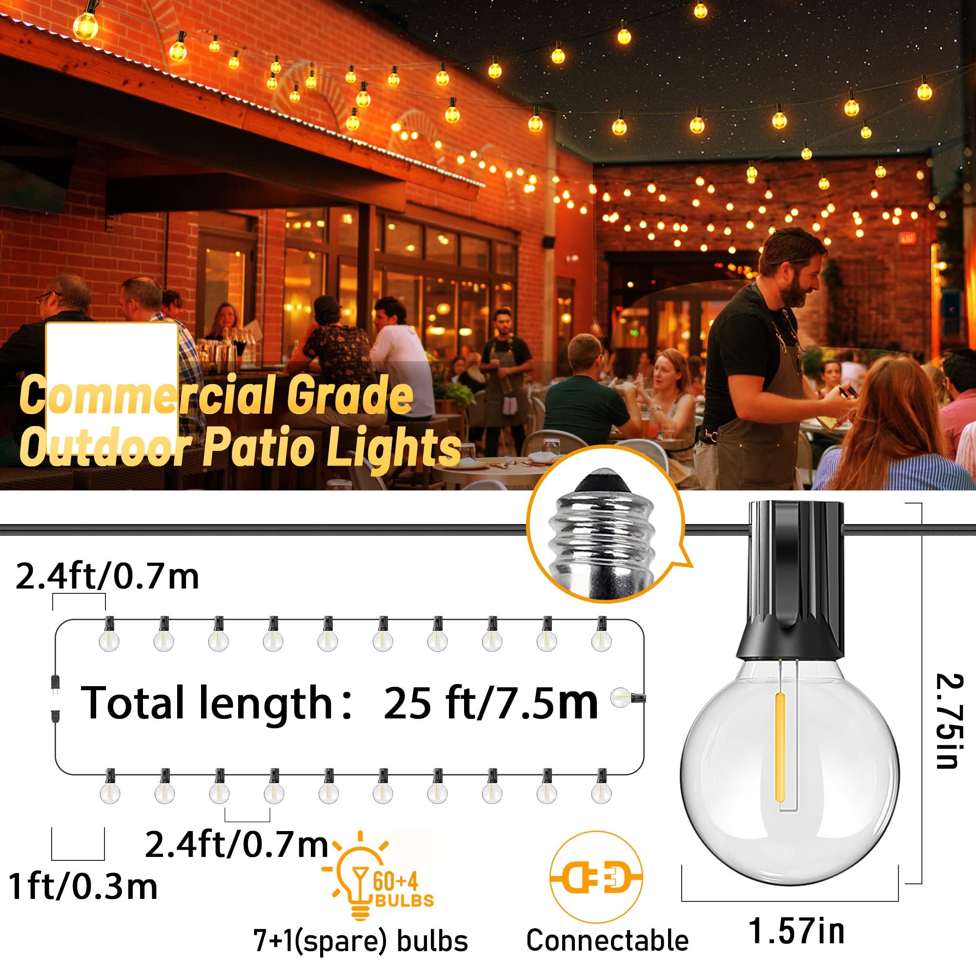 KNONEW 25Ft Outdoor String Lights LED, Globe String Lights with 7 Shatterproof G40 LED Bulbs (1 Spare),Waterproof Connectable Patio Light String Lights for Party Porch Backyard Garden Bistro