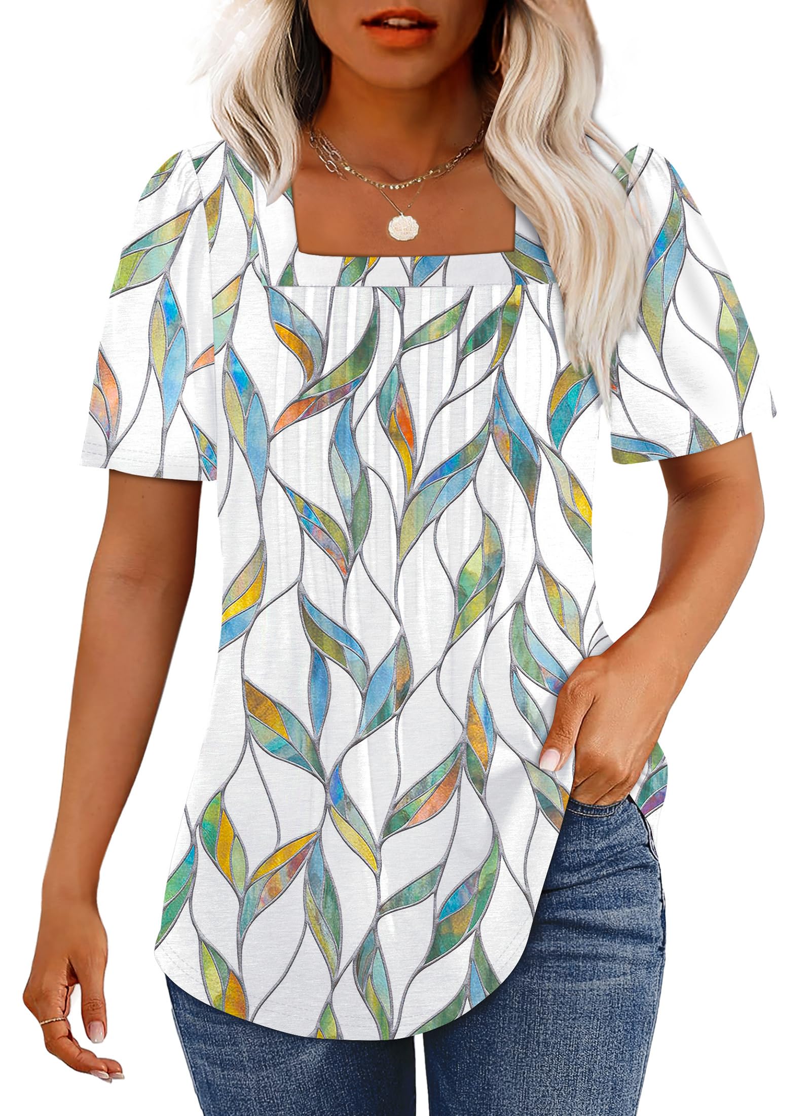 OFEEFAN T Shirts for Women Pleated Square Neck Dressy Casual Blouses Puff Short Sleeve Summer Tops Loose Fit