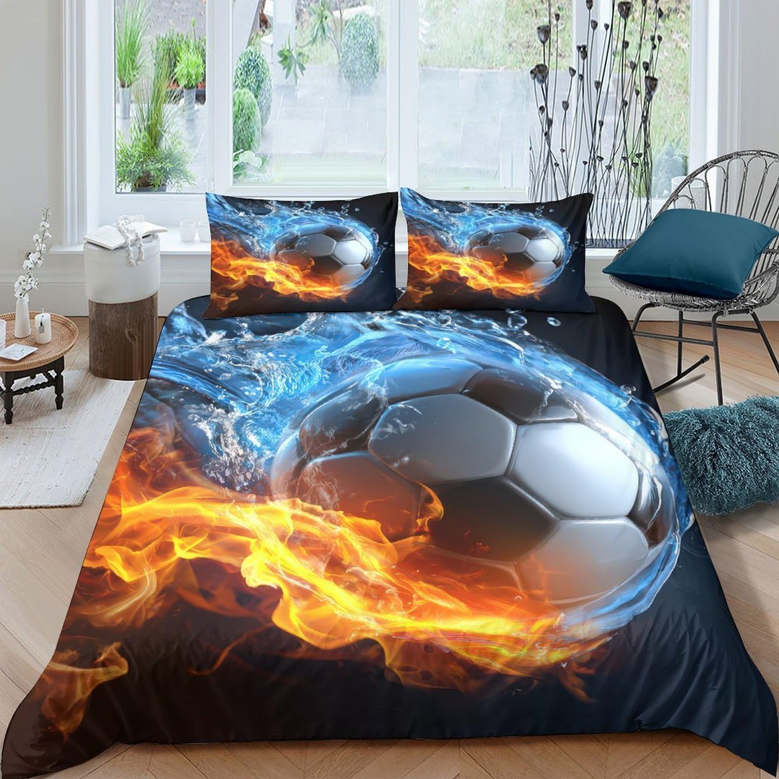 Ctjqhvkz Style-5 3D Printed Fire Soccer Fitted Sheet Microfiber Soft Breathable Water Flame Bed Cover For Bedroom Dorm Mattress Decor Single（135X200cm）