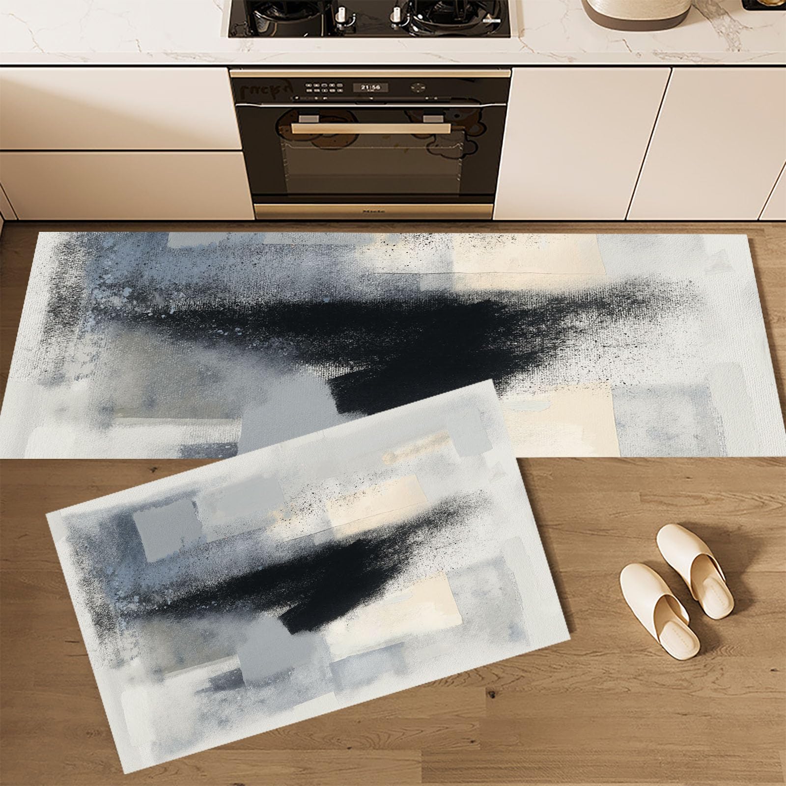 Conjunto 2 Alfombras de Cocina Antideslizantes Lavables Abstractas 43x75+43x150cm