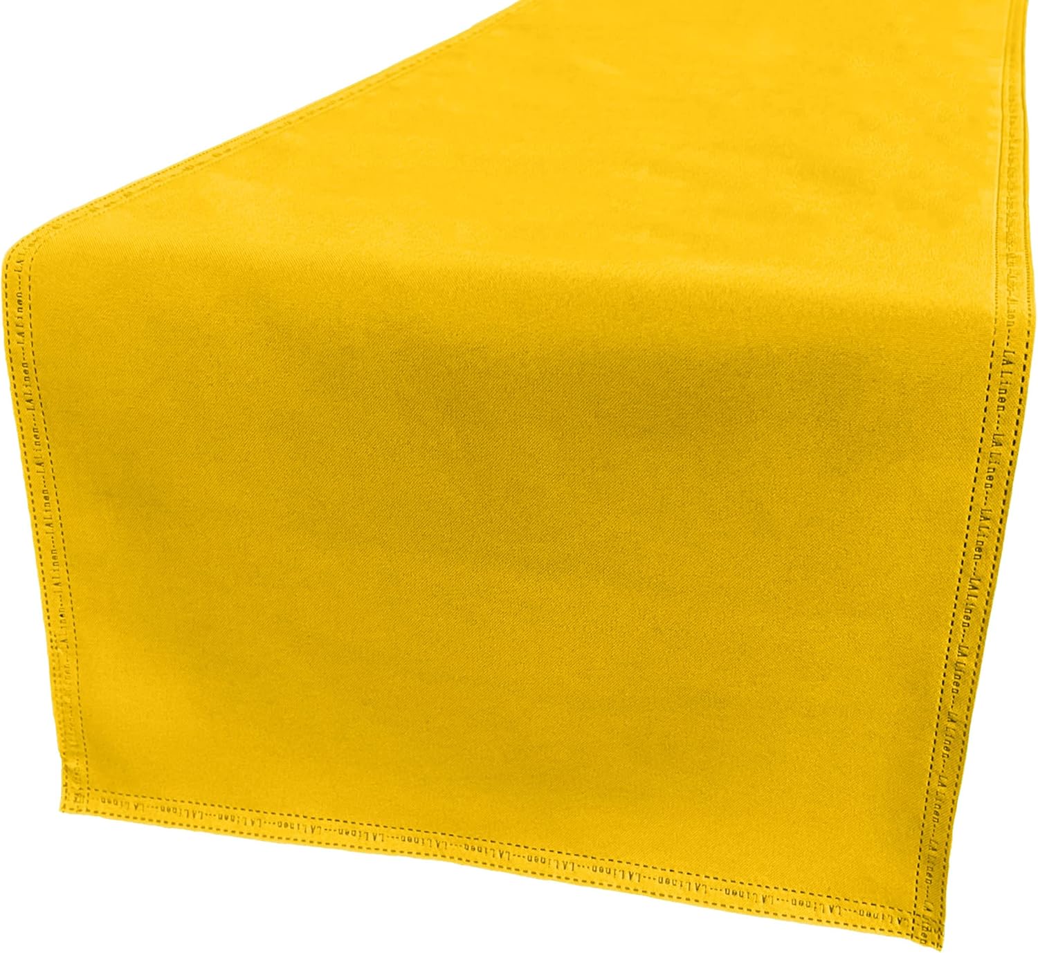 LA Linen Table Runner Faux Raw Silk Fabric Runner, QEB Laser Bonded Edge, Stain and Wrinkle Resistant Luxurious Cloth Table Runner for Dinning, Kitchen, Party, 14 by 108-Inch, Yellow Dark