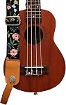 MUSIC FIRST Original Design “Dark Night Garden” Soft Muslin & Genuine Leather Ukulele Strap Ukulele Shoulder Strap With a Genuine Leather Strap Locker