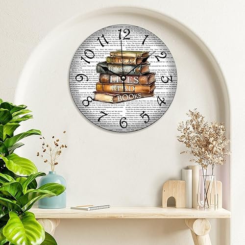 Miniatura 3 de Reloj de pared decorativo con libros que vivió mil vidas leyendo libros, relojes de PVC de 10 x 10 pulgadas, funciona con pilas, reloj silencioso de