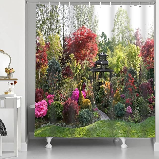 Abaysto Shower Curtain 3D Garden View Flowers Trees Outdoor Nature Scenery Waterproof Cloth Fabric Bathroom Decor Set with Hooks 72x72 Inch
