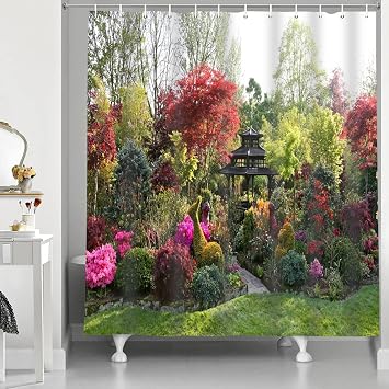 Shower Curtain 3D Garden View Flowers Trees Outdoor Nature Scenery Waterproof Cloth Fabric Bathroom Decor Set with Hooks 72x72 Inch